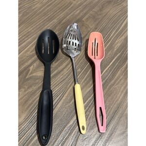 VTG King Kraft Ekco Modern Chef Craft Slotted Spoon Set 3pc Pink Yellow Black